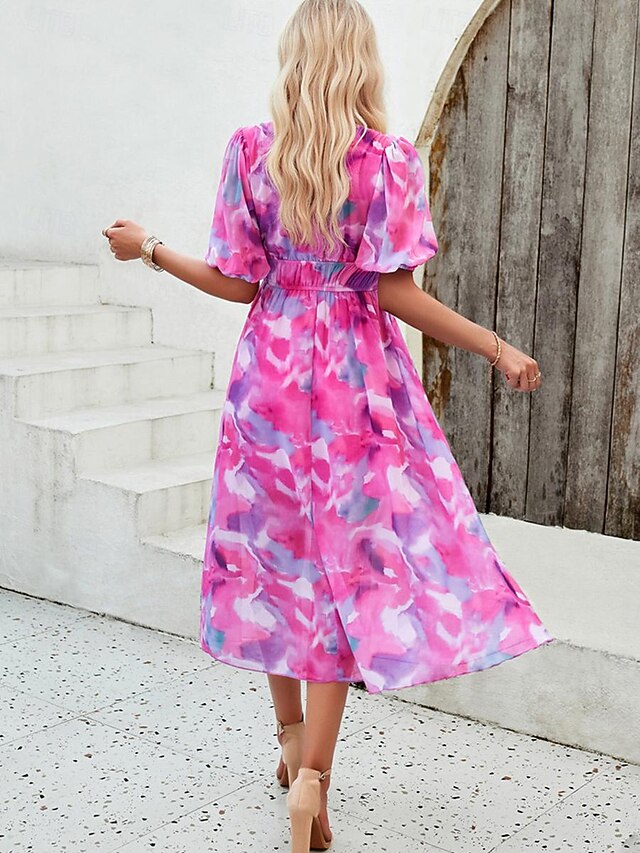 Women's Casual Dress Floral Print V Neck Midi Dress Ethnic