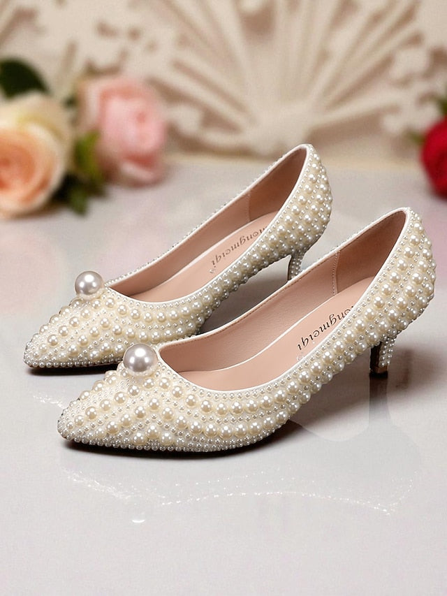 Women's Matching Kitten Pearl-Embellished Pumps Heel and