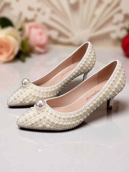 Women's Matching Kitten Pearl-Embellished Pumps Heel and