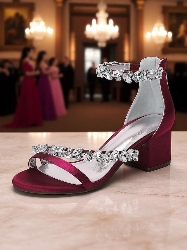 Purple Satin Crystal Sandals - Women's Heel Block