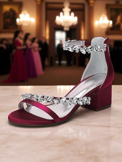 Purple Satin Crystal Sandals - Women's Heel Block