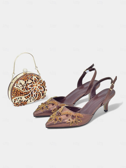 Gold Heels Matching with Embellished Slingback Handbag –