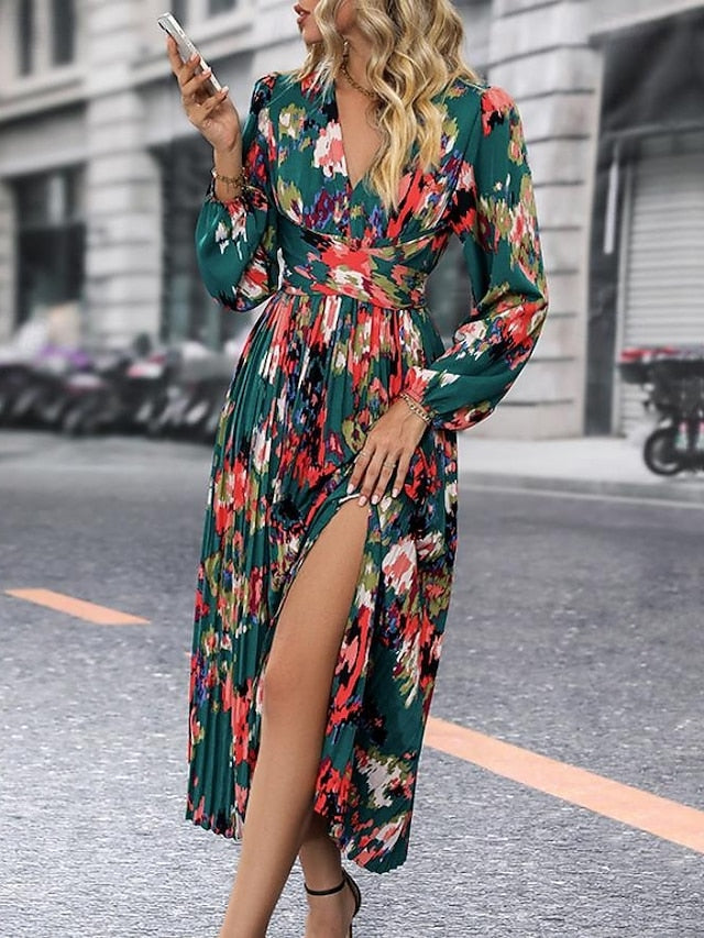 Women's Graphic Print V Neck Long Dress Maxi Dress Long