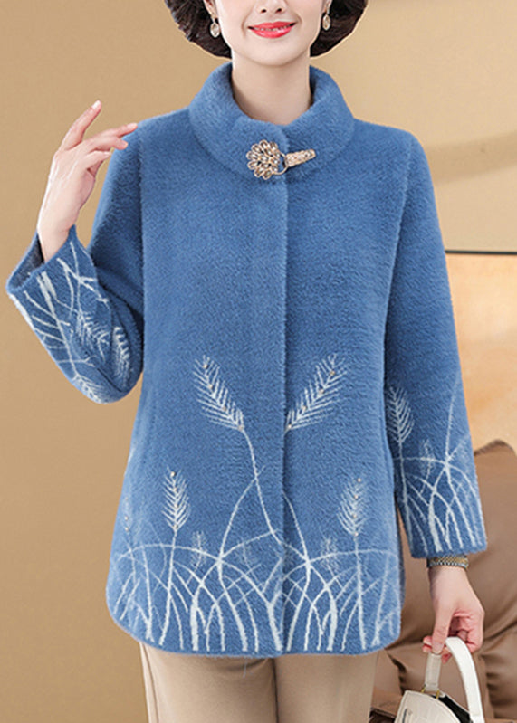 Manteau en velours de vison à poches imprimées bleues pour femmes, printemps TA035