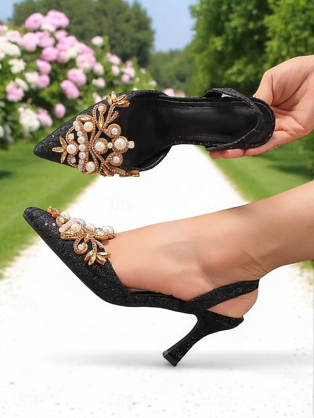 Slingback Satin Black with Women's - Pearl Heels Detailing