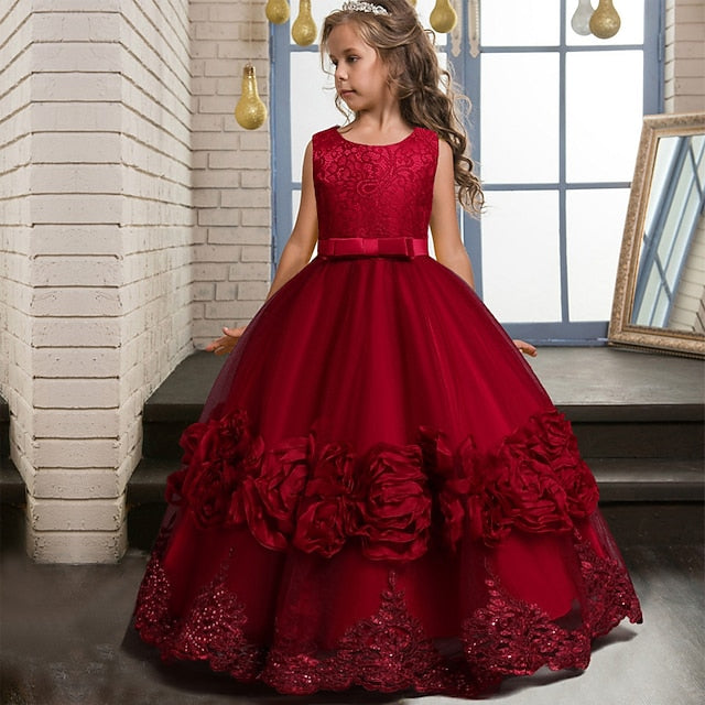 Little Girls' Party Dress A Floral Line Plain Kids