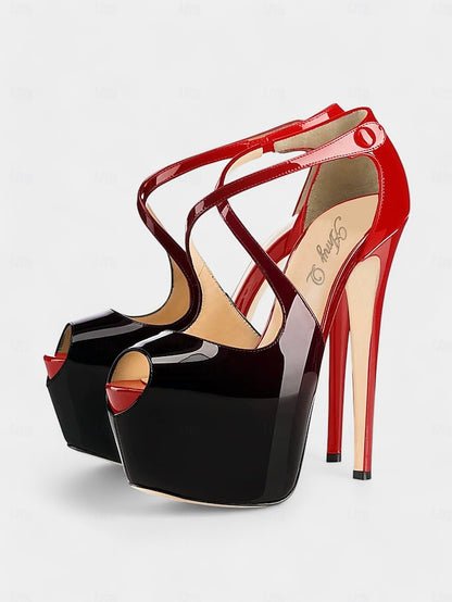 Heels Red Platform Black with Cross Stiletto Leather Patent and