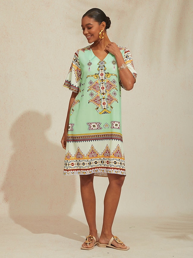 Vacation Vintage Ethnic Geometric Pattern Satin Midi Dress