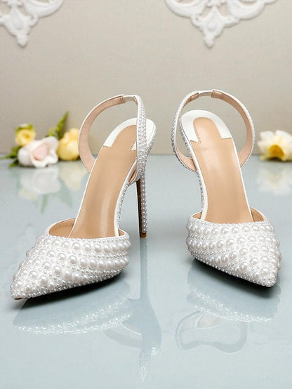 Heels - Slingback Leather White Women's Pearl-Embellished