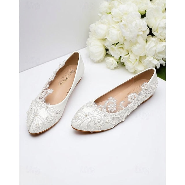 White Flats – Vintage Women's Lace Embroidered Ballet