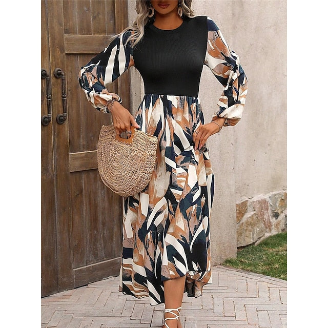 Women's Floral Crew Neck Maxi Dress Long Sleeve Summer