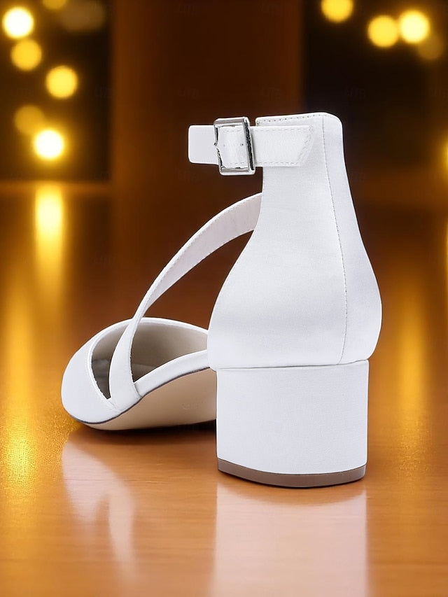 Satin Block Pointed Toe Heels Women's Champagne -