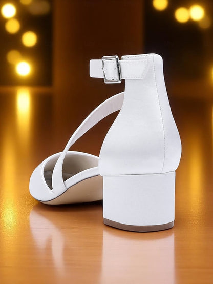 Satin Block Pointed Toe Heels Women's Champagne -