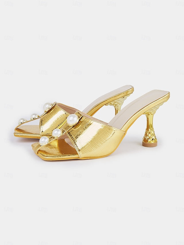 Open-Toe Mules Elegant Pearl with for Detailing Women Gold –
