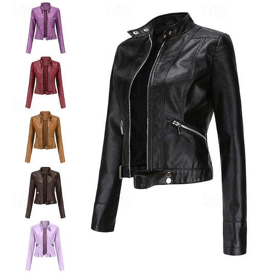 Faux Comfortable Pocket Women's Leather Jacket Zipper