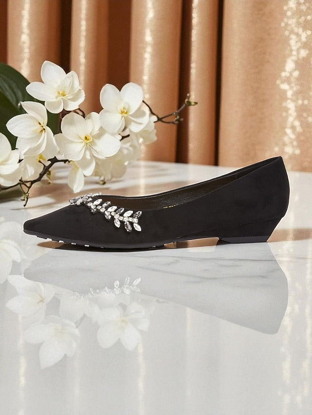 Black Suede Pointed Rhinestone Women's Flats Toe with