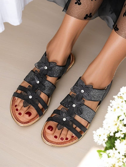 Women's Beige Sandals Floral Flat Elegant – Rhinestone