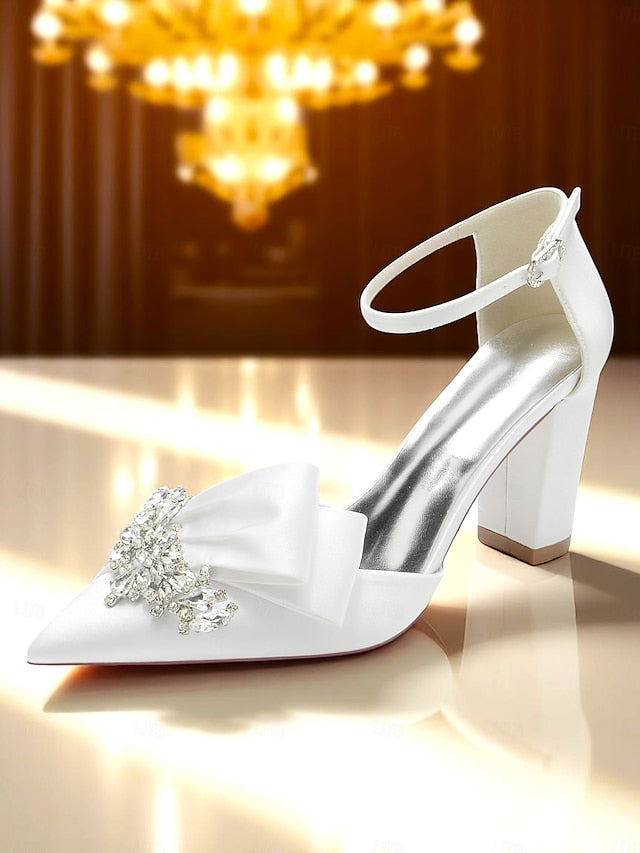 Heel Women's Block Bow Satin Pumps and with Crystal