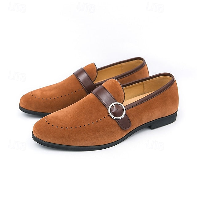 Men's Suede Brown Slip-On with Buckle Faux Strap Loafers