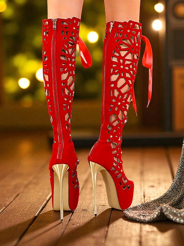 Cutout Stiletto Knee Sexy Platform Peep Women's High Boots