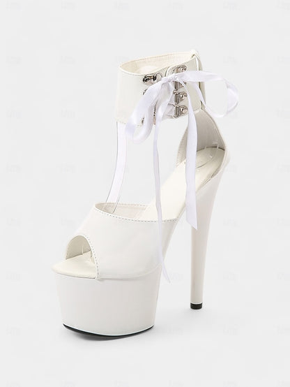 Straps Black Leather Ankle Lace-Up with Patent Sandals Platform