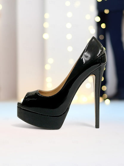 High Leather Women's Platform Patent Heels Peep Black Toe