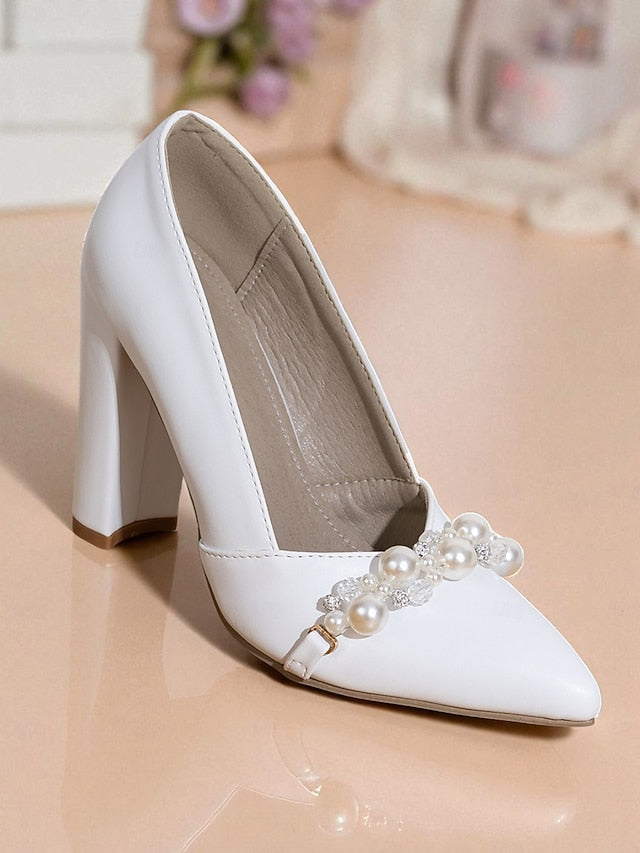 Women's Pumps Decor Pearl White Block Heel