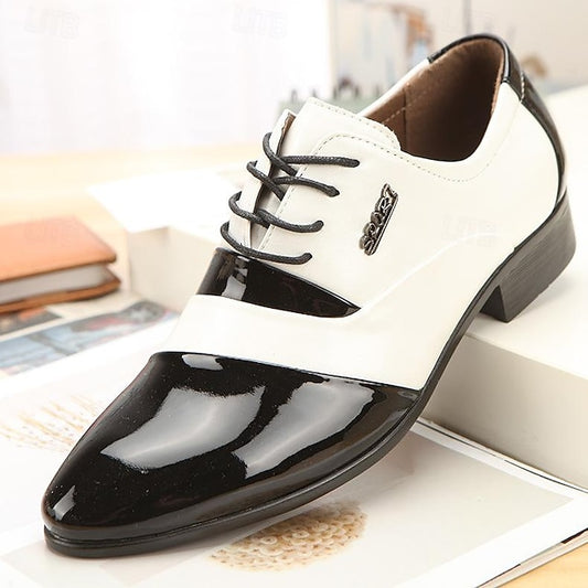 Men's White Leather Oxford Shoes – Black Faux Patent and