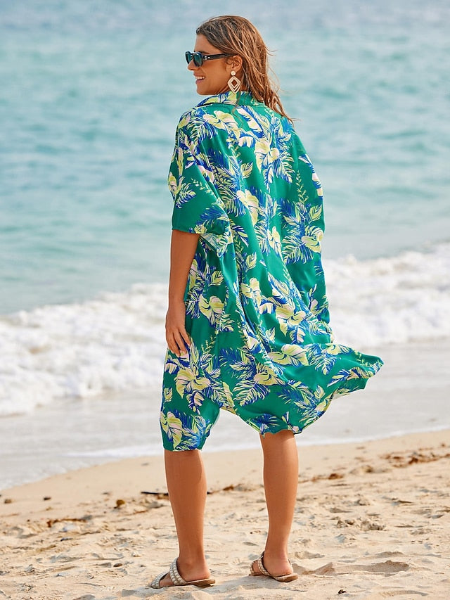 Leaf Print Shirt Short Sleeve Midi Chiffon Dress