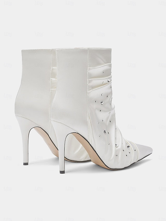 Women's Ankle White Rhinestone Satin with Boots