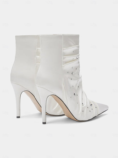 Women's Ankle White Rhinestone Satin with Boots