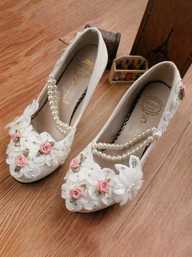 Low Pearl Floral Shoes Bridal White for Embellished Heel Strap