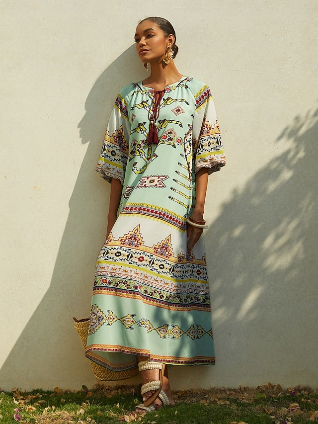 Vacation Vintage Geometric Print Straight Chiffon Maxi Dress