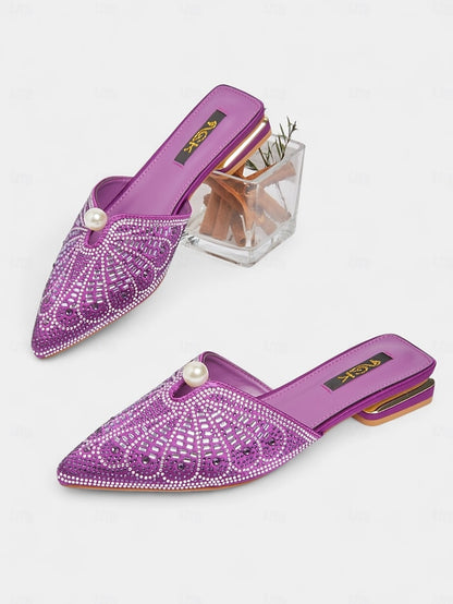 Women's - Detail Mules Rhinestone Glamorous Pearl Gold with