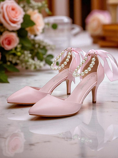 Ankle with Strap Bow Women's Pearl Heel - Kitten Pumps Blue