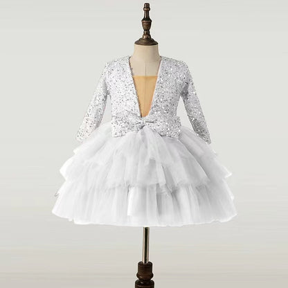 Kids Sleeve Party Dress Long Performance Sequin Girls'