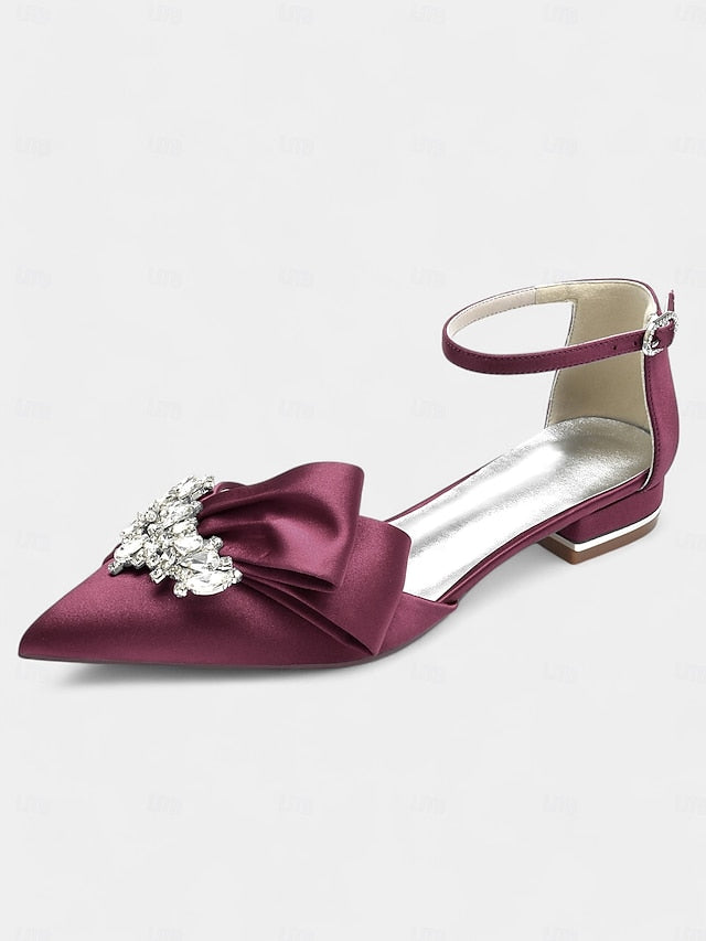Bow with Pointed-Toe Rhinestone Ankle White Heels Satin and