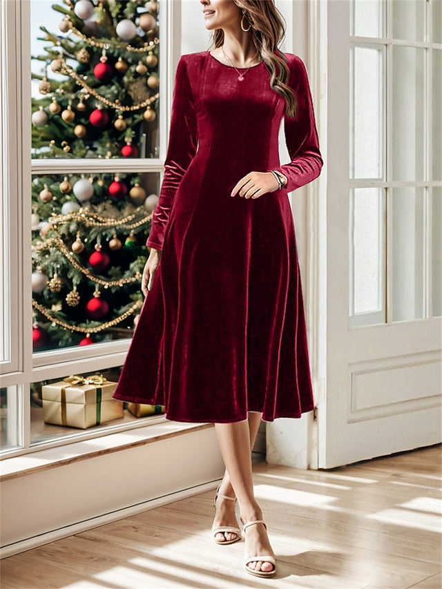 Women's Midi Dress Long Sleeve Velvet Burgundy Elegant