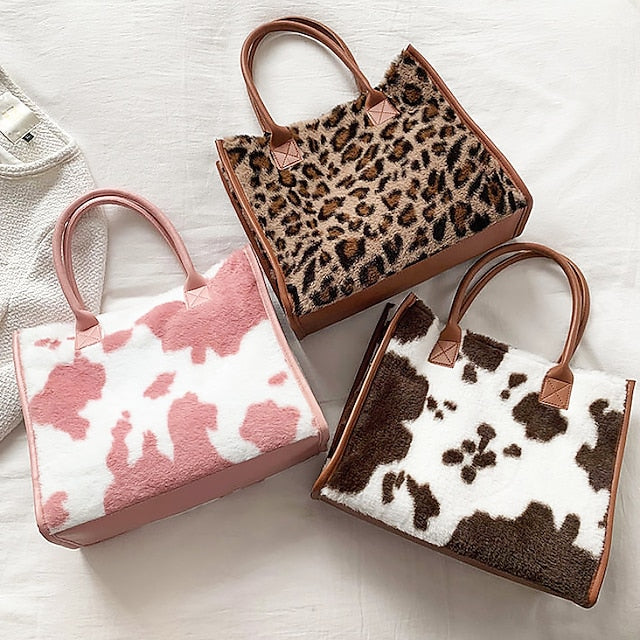 Tote Bag with Leather Faux Leopard Print Brown Women's Fur