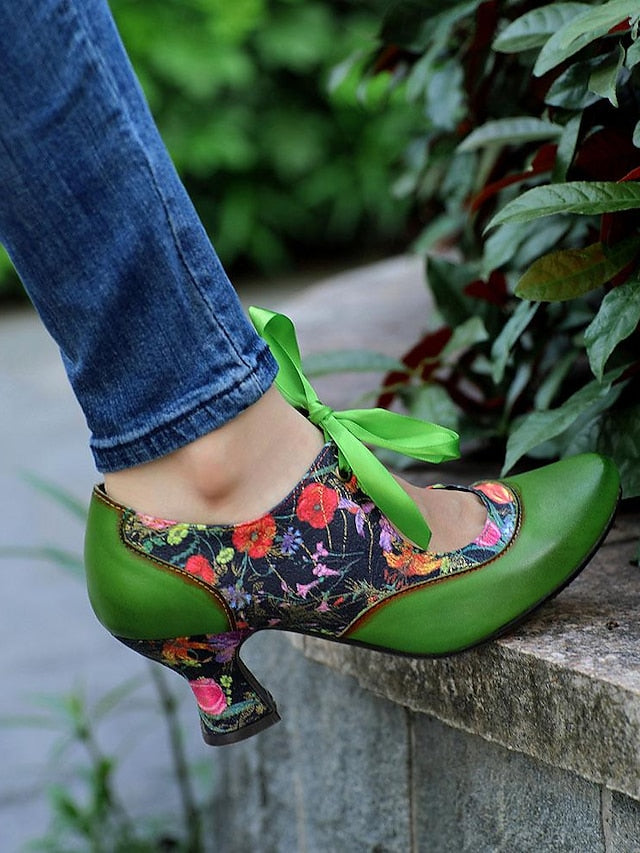 Mary Jane Green Heels Women's Print Floral Leather with