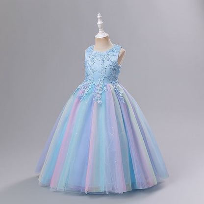 A Girls' Floral Solid Line Colored Kids Dress