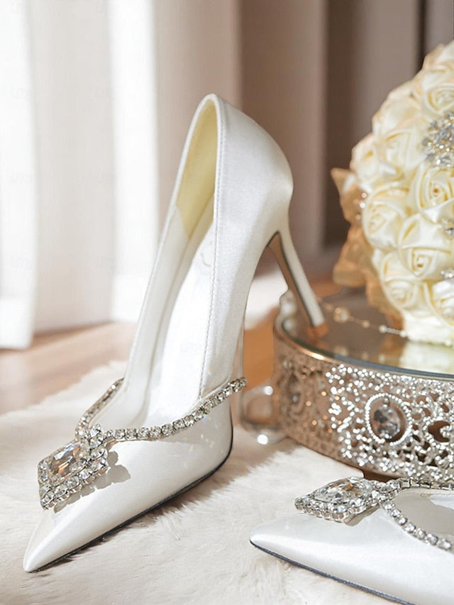 Heels White Women's Satin Wedding Toe Pointed with Crystal