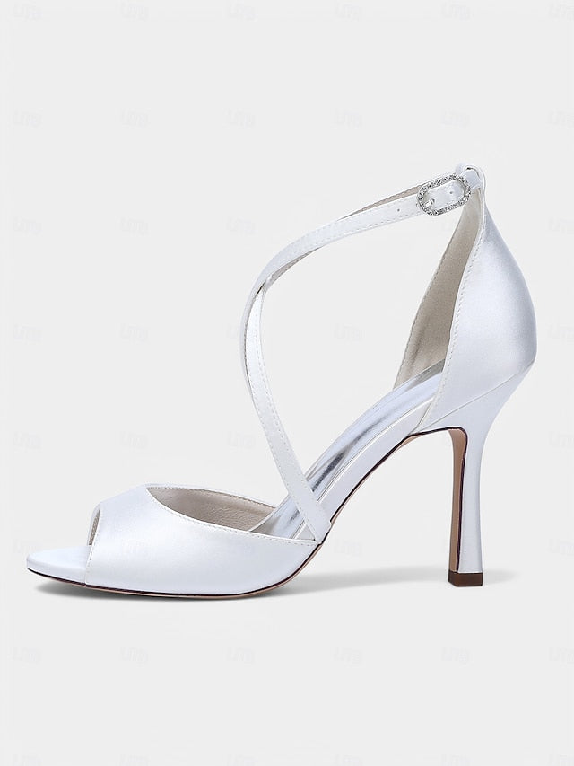 Women's Satin Peep-Toe – Elegant White Heels Cross-Strap