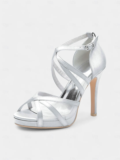 Sandals Bridal High Heel Straps with Satin - Cross Perfect White