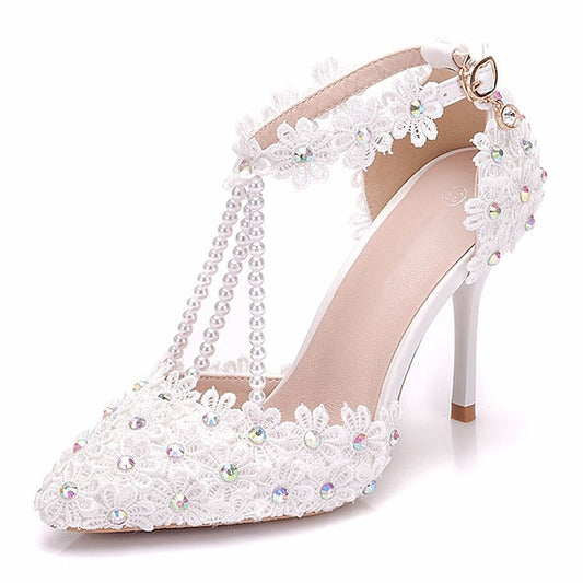 Wedding Shoes Heel Pointed High Women's Lace Bridal