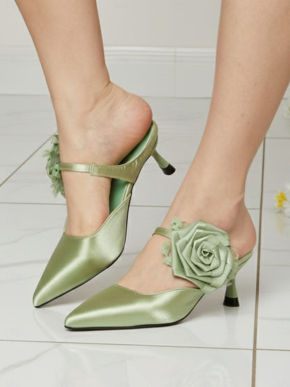 Satin Heels with Green Floral Toe Pointed Ankle Women's
