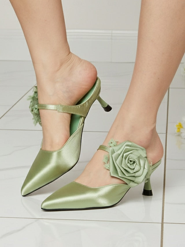 Floral Ankle Satin Toe Women's Pointed Heels with Green