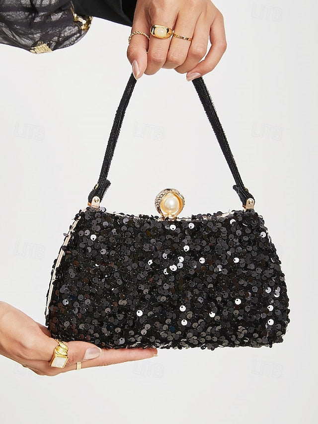 Black with Accent Sequin Clutch Pearl Evening Women's –