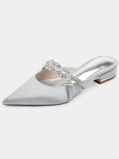 with Pointed-Toe Blue Detailing Mule Rhinestone - Satin Heels