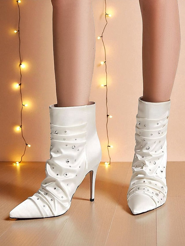 Women's Ankle White Rhinestone Satin with Boots